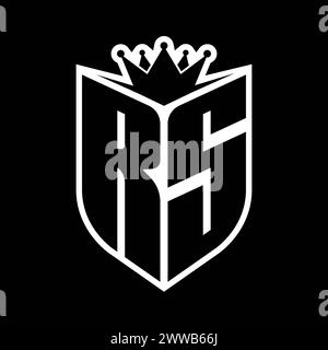 Monogramme en gras lettre RS avec forme de bouclier et couronne pointue à l'intérieur du bouclier, modèle de conception de couleur noire et blanche Banque D'Images