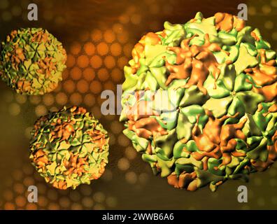 Œuvre d'art créative présentant des rendus 3D de capsides du virus de la polio sur une micrographie électronique de transmission d'une image du virus de la polio (électron de transmission. Banque D'Images