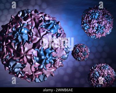 Œuvre d'art créative présentant des rendus 3D de capsides du virus de la polio sur une micrographie électronique de transmission d'une image du virus de la polio (électron de transmission. Banque D'Images