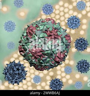 Œuvre d'art créative présentant des rendus 3D de capsides du virus de la polio sur une micrographie électronique de transmission d'une image du virus de la polio (électron de transmission. Banque D'Images