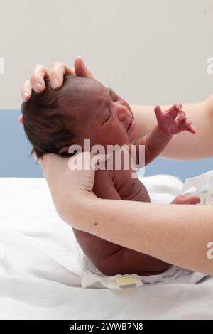 Le pédiatre vérifie les os du crâne et l’apparence des fontanelles. Banque D'Images