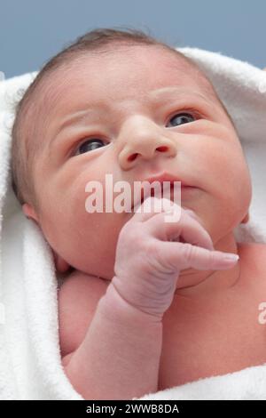 Visage du nouveau-né éveillé (3 jours) dans une serviette de bain. Banque D'Images