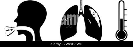 Pictogramme graphique d'une tête humaine qui tousse, et les poumons et un thermomètre. Illustration de Vecteur