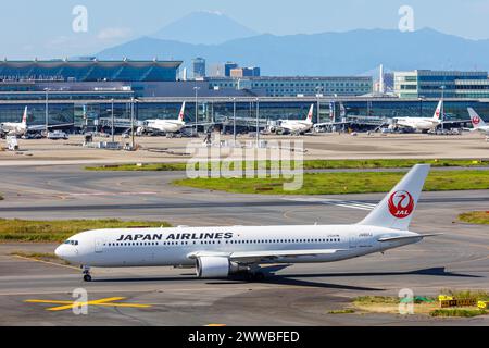 Tokyo, Japon - 6 octobre 2023 : Japan Airlines JAL Boeing 767-300ER à l'aéroport Tokyo Haneda (HND) au Japon. Banque D'Images
