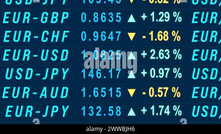 Écran avec taux de change, dollar américain, euro, franc suisse, yen japonais. Écran avec taux de change, dollar américain, euro, franc suisse, Ja Banque D'Images