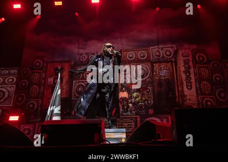 Skindred jouant en concert à Wembley Arena, Londres le 15 mars 2024 Benji Webbe , chanteur Skindred est un groupe de heavy metal gallois formé à Newport, au pays de Galles en 98. Leur style musical mêle heavy metal, rock alternatif et ragga. Le groupe intègre également des éléments de punk rock, punk hardcore, reggae, dancehall, jungle, ska, hip hop, drum and bass, dubstep, et diverses autres influences dans leur musique. Ils sont bien connus pour leurs performances live énergiques et impliquantes, et ont remporté plusieurs prix Banque D'Images