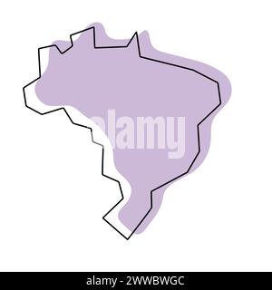 Carte simplifiée du Brésil. Silhouette violette avec contour lisse noir mince isolé sur fond blanc. Icône vectorielle simple Illustration de Vecteur