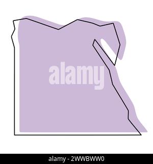 Carte simplifiée du pays de l'Égypte. Silhouette violette avec contour lisse noir mince isolé sur fond blanc. Icône vectorielle simple Illustration de Vecteur
