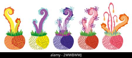 Plantes de monstre dans des pots de fleurs illustration de set. Vector Fantasy Scary Collection Botany colorée. Objets botaniques avec prédateurs isolés sur blanc. Al Illustration de Vecteur