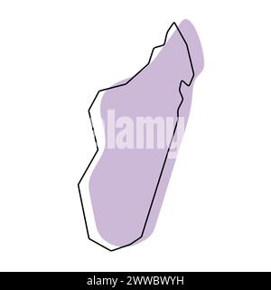 Madagascar carte simplifiée du pays. Silhouette violette avec contour lisse noir mince isolé sur fond blanc. Icône vectorielle simple Illustration de Vecteur