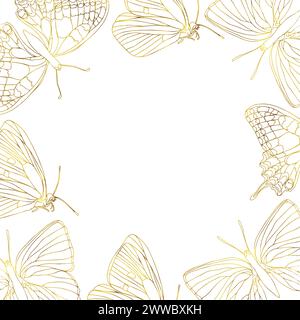 Illustration d'art de ligne de papillon doré. Cadre carré d'art en feuille dorée papillon. Papillon insecte pour carte ou invitations, scrapbook. Arrière-plan vectoriel Illustration de Vecteur