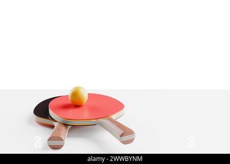 Sur la table se trouvent deux raquettes pour le tennis de table, le ping-pong et une balle. Rendu 3D. Banque D'Images