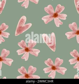 Motif floral sans couture avec des fleurs roses et des coeurs sur un fond vert. Aquarelle fleurs roses et coeurs . Motif sans coutures. Banque D'Images