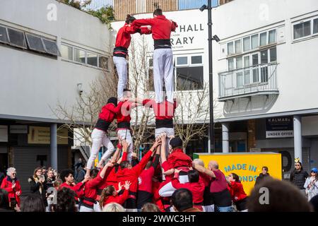 Londres, Royaume-Uni. 23 mars 2024. Les Castells, des « tours humaines », sont construites par les Castellers de Londres au Blue Market de Bermondsey. Le bâtiment de Castells remonte à plus de 200 ans, avec Castellers of London jouant et promouvant cette tradition catalane à Londres depuis 2015. Credit : Stephen Chung / Alamy Live News Banque D'Images