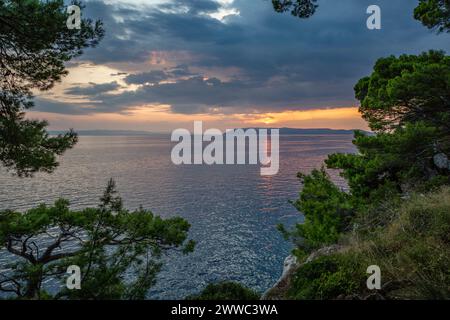 Baie de Makarska Riviera au coucher du soleil avec des arbres au premier plan Banque D'Images