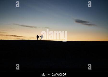 Silhouette de jeune couple tenant la main et marchant à la plage Banque D'Images