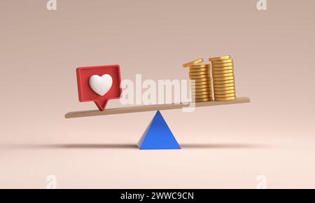 Équilibre des médias sociaux, cœur et pile d'argent sur fond rose Banque D'Images