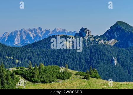 Allemagne, Bavière, vue de Hirschberg aux montagnes Kaiser et Plankenstein Banque D'Images