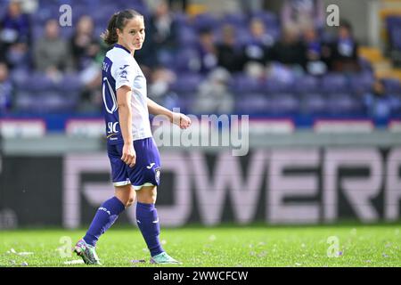 Anderlecht, Belgique. 23 mars 2024. Stefania Vatafu (10 ans) d'Anderlecht photographiée lors d'un match de football féminin entre le RSC Anderlecht et le Club Brugge YLA lors de la 1ère journée des play offs de la saison 2023 - 2024 de la Super League belge du Lotto Womens, le samedi 23 mars 2024 à Anderlecht, Belgique . Crédit : Sportpix/Alamy Live News Banque D'Images