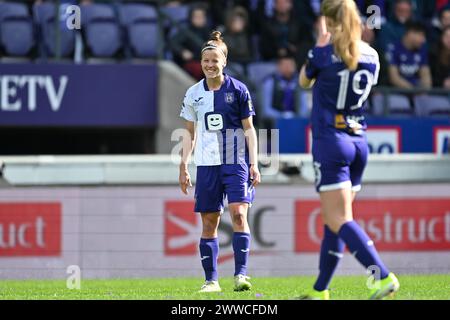 Anderlecht, Belgique. 23 mars 2024. Laura Deloose (14 ans) d'Anderlecht photographiée lors d'un match de football féminin entre le RSC Anderlecht et le Club Brugge YLA lors de la 1ère journée des play offs de la saison 2023 - 2024 de la Super League belge des femmes du loto, le samedi 23 mars 2024 à Anderlecht, Belgique . Crédit : Sportpix/Alamy Live News Banque D'Images