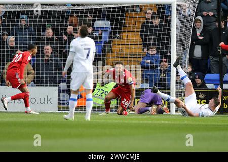 Birkenhead, Royaume-Uni. 23 mars 2024. Jay Williams de Crawley Town célèbre après avoir marqué le 2e but de son équipe. EFL Skybet Football League Two match, Tranmere Rovers v Crawley Town à Prenton Park, Birkenhead, Wirral le samedi 23 mars 2024. Cette image ne peut être utilisée qu'à des fins éditoriales. Usage éditorial exclusif, .pic par Chris Stading/ crédit : Andrew Orchard sports Photography/Alamy Live News Banque D'Images