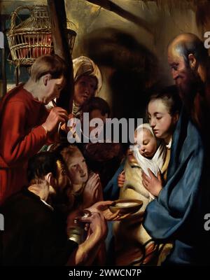 Adoration des bergers par Jacques Jordaens 1600 - 1699 Musée Mayer van den Bergh, Anvers, Belgique, Belgique. ( Adoration des bergers, Nativité de Jésus, bergers , témoins de la naissance, Jésus à Bethléem, Noël, ) Banque D'Images