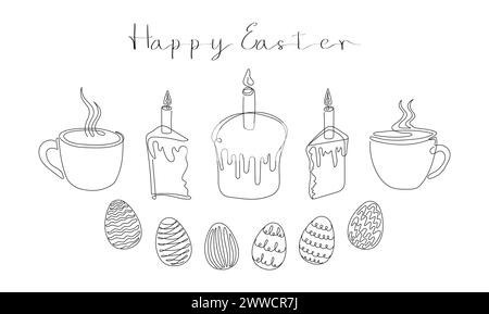 Ensemble de Pâques dans un style continu d'une ligne avec des éléments de conception comme des gâteaux de Pâques avec des bougies allumées, des œufs peints, des tasses à vapeur avec du thé ou du café. Joyeuses salutations de Pâques. Nourriture festive. Noir et blanc Illustration de Vecteur