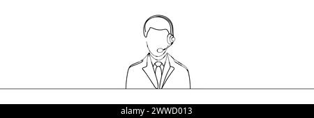 Dessin continu d'un trait d'un jeune homme assis devant un ordinateur avec un casque. illustration vectorielle de contour de travailleur simple, servie par le client Illustration de Vecteur