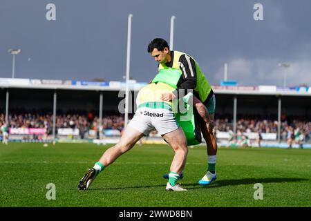 Exeter, Royaume-Uni. 23 mars 2024. Les Newcastle Falcons s'échauffent lors du Gallagher Premiership Rugby match opposant Exeter Chiefs et Newcastle Falcons Rugby à Sandy Park, Exeter, Royaume-Uni, le 23 mars 2024. Photo de Scott Boulton. Utilisation éditoriale uniquement, licence requise pour une utilisation commerciale. Aucune utilisation dans les Paris, les jeux ou les publications d'un club/ligue/joueur. Crédit : UK Sports pics Ltd/Alamy Live News Banque D'Images