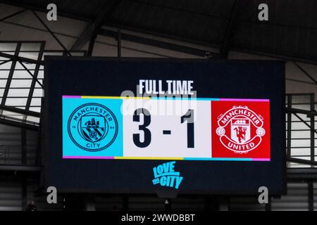 Manchester, Royaume-Uni. 23 mars 2024. Manchester, Angleterre, 23 mars 2024 : Tableau des scores lors du match de Super League Barclays FA Womens entre Manchester City et Manchester United au stade Etihad de Manchester, Angleterre (Natalie Mincher/SPP) crédit : SPP Sport Press photo. /Alamy Live News Banque D'Images