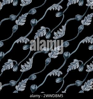 Aquarelle monochrome motifs sans couture avec des fleurs de coquelicot, des tiges, des bourgeons et des feuilles en noir et blanc pour des motifs floraux élégants pour le tissu, l'emballage Banque D'Images