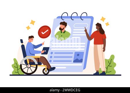 Aide à la recherche d'emploi pour les personnes handicapées auprès de l'agence pour l'emploi. Minuscule homme de talent en fauteuil roulant avec CV approuvé et interview, soutien de la femme dans l'embauche illustration vectorielle de dessin animé Illustration de Vecteur