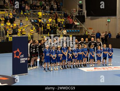 Hamar, Norvège. 23 mars 2024. Hamar, Norvège, 23 mars 2024 : les joueuses de Thuringer sont vues avant le match de handball féminin de la Ligue européenne EHF entre Storhamar et Thuringer au Boligpartner Arena à Hamar, Norvège (Ane Frosaker/SPP) crédit : SPP Sport Press photo. /Alamy Live News Banque D'Images