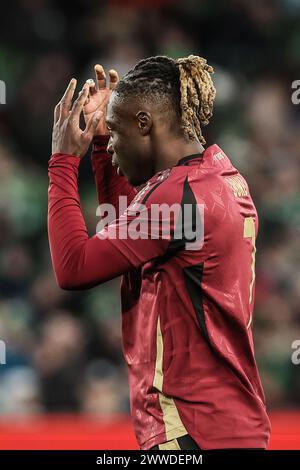 Dublin, Irlande. 23 mars 2024. Le belge Jeremy Doku réagit lors d'un match amical de football entre l'Irlande et l'équipe nationale belge Red Devils, à Dublin, en Irlande, samedi 23 mars 2024. Les Red Devils jouent deux matchs amicaux en préparation de l'Euro 2024. BELGA PHOTO BRUNO FAHY crédit : Belga News Agency/Alamy Live News Banque D'Images