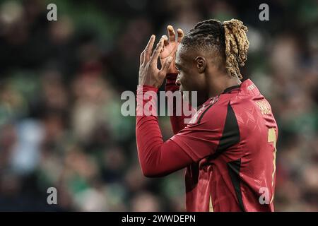 Dublin, Irlande. 23 mars 2024. Le belge Jeremy Doku réagit lors d'un match amical de football entre l'Irlande et l'équipe nationale belge Red Devils, à Dublin, en Irlande, samedi 23 mars 2024. Les Red Devils jouent deux matchs amicaux en préparation de l'Euro 2024. BELGA PHOTO BRUNO FAHY crédit : Belga News Agency/Alamy Live News Banque D'Images