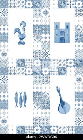 Carreaux de céramique azulejo de motif aquarelle d'ornement traditionnel portugais sans couture en bleu et blanc. Symbole national du Portugal pour cuisine, table Banque D'Images