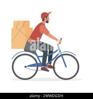 Livreur sur vélo. ECO service de livraison, illustration vectorielle de dessin animé de livraison de marchandises express Illustration de Vecteur