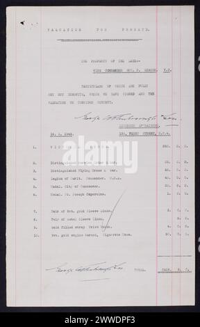 Comptes de service de mort de Guy Gibson Description : comptes de service de mort Guy Penrose Gibson VC DSO DFC Guy Gibson a dirigé le raid de Dambusters pendant la seconde Guerre mondiale. Ce document énumère ses effets personnels et leur évaluation au moment de son décès. Cela comprend sa Croix de Victoria (évaluée à 250 £) ainsi que cinq autres médailles, et un étui à cigarettes en or inscrit qui lui a été donné en souvenir du raid réussi. Date : 16 février 1945 wwii, ww2, raf, second worldwar, dambusters, guygibson, 617escadron, operationchastise, wingcommandergibson Banque D'Images