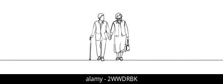 Une ligne continue dessinant vieil homme et vieille femme marchant. Illustration de Vecteur