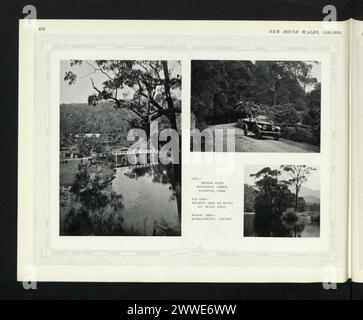 Des photographies de 1920 montrent un pont au-dessus de Kangaroo Creek dans un parc national de Nouvelle-Galles du Sud, une excursion touristique le long du col de Bulli et des vues sur la vallée de Burrangorang, toutes situées en Australie. Banque D'Images