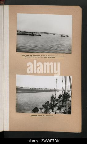 Description : île de Kharg d'où sont tirées les réserves de pierre pour Abadan deux des barges de la Compagnie coulées dans une tempête apparaissent sur l'image. Lieu : île de Kharg, Perse Description : approche de Ganawah sur un mahala à moteur. Lieu : Ganawah, Persia Banque D'Images