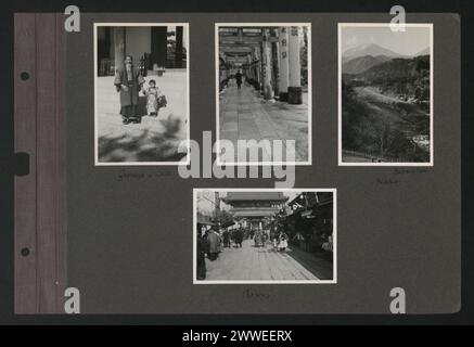 Photographies du Japon entre 1935-1936 montrant un grand-parent avec un enfant, le temple Inari à Tokyo, une vue de chambre à Nikko et des scènes de ville à Tokyo. Banque D'Images