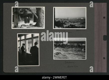 Photographies du Japon, 1935-1936 montrant un cheval sacré, une vue de chambre à Yokohama, du personnel de la marine japonaise et des scènes de départ à Yokohama. Banque D'Images