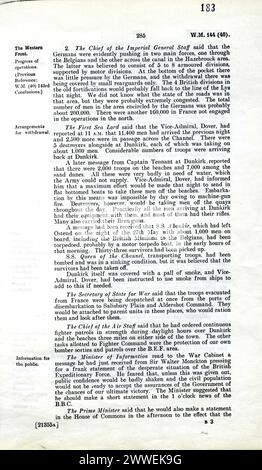 Une partie des documents officiels du Cabinet du 28 mai 1940 enregistrant les délibérations sur la réponse de la Grande-Bretagne à l'escalade de la guerre en Europe, y compris les mesures de défense, la diplomatie et la coordination avec les Nations alliées. Banque D'Images