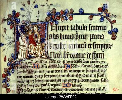 Fragment de manuscrit enluminé de 1412 représentant la Vierge Marie et l'enfant Jésus, associé à l'abbaye de Furness en Cumbria. Banque D'Images