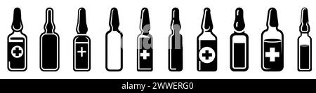 Icône ampoule médicale. Ensemble de silhouettes noires d'ampoule médicale. Symbole d'ampoule médicale en verre. Illustration vectorielle. Illustration de Vecteur