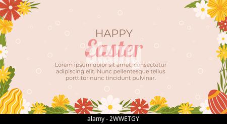 Modèle de fond horizontal de Pâques. Conception pour la célébration vacances de printemps oeufs peints et cadre floral autour Illustration de Vecteur