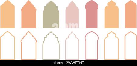 Compilation de formes traditionnelles islamiques de fenêtres ou de portes. Ensemble de cadres musulmans de mosquée représentés en silhouette et contour. Illustration de Vecteur