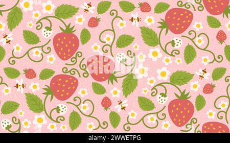 Conception d'un motif de fraise sans couture avec de charmantes baies, des fleurs, des feuilles vertes et une petite abeille. Conception de surface répétée applicable aux vêtements pour enfants, aux textiles, au papier d'emballage et à des fins supplémentaires. Illustration de Vecteur