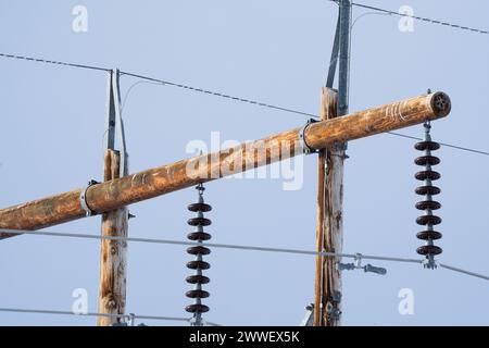 Vue rapprochée du poteau de puissance en bois avec des câbles en acier et des isolateurs avec fond bleu ciel. Banque D'Images